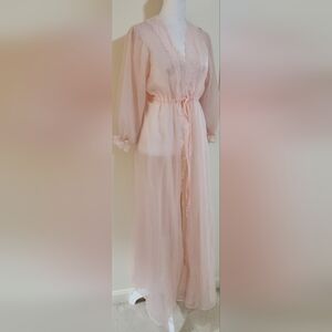Vintage Elegant Pink Lace Trim Peignoir Robe Double Layer Nylon Large 38/40